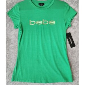 Bebe Shirt Womens Medium Kelly Green Studded Logo Short Sleeve 90s Y2K Top